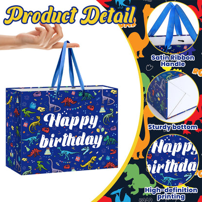 LUUFILx Dinosaur Happy Birthday Gift Bag for Boys Girls Dinosaur Wrapping Paper with Tissue Paper Greeting Card Blue Dinosaur Design Wrap Bag for Bday Baby Shower Party Decoration Supplies