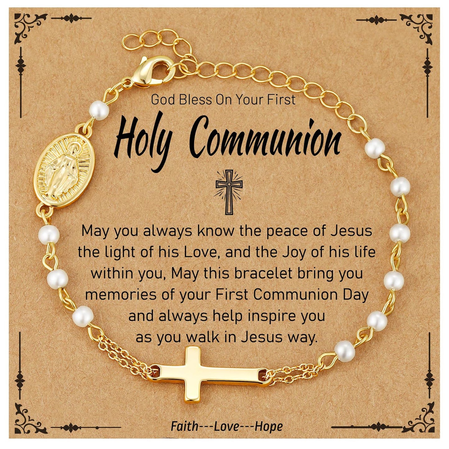 Catholic Bracelets Gifts for Women Girls, Simulated Pearl Rosary Beads Virgin Mary Cross Charm Bracelet Confirmation First Communion Baptism Religious Christian Jewelry Gift