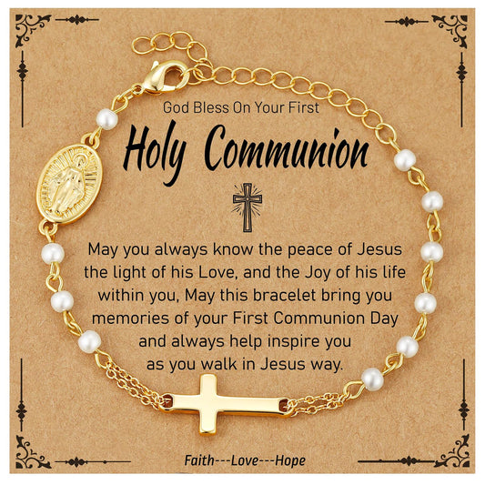 Catholic Bracelets Gifts for Women Girls, Simulated Pearl Rosary Beads Virgin Mary Cross Charm Bracelet Confirmation First Communion Baptism Religious Christian Jewelry Gift