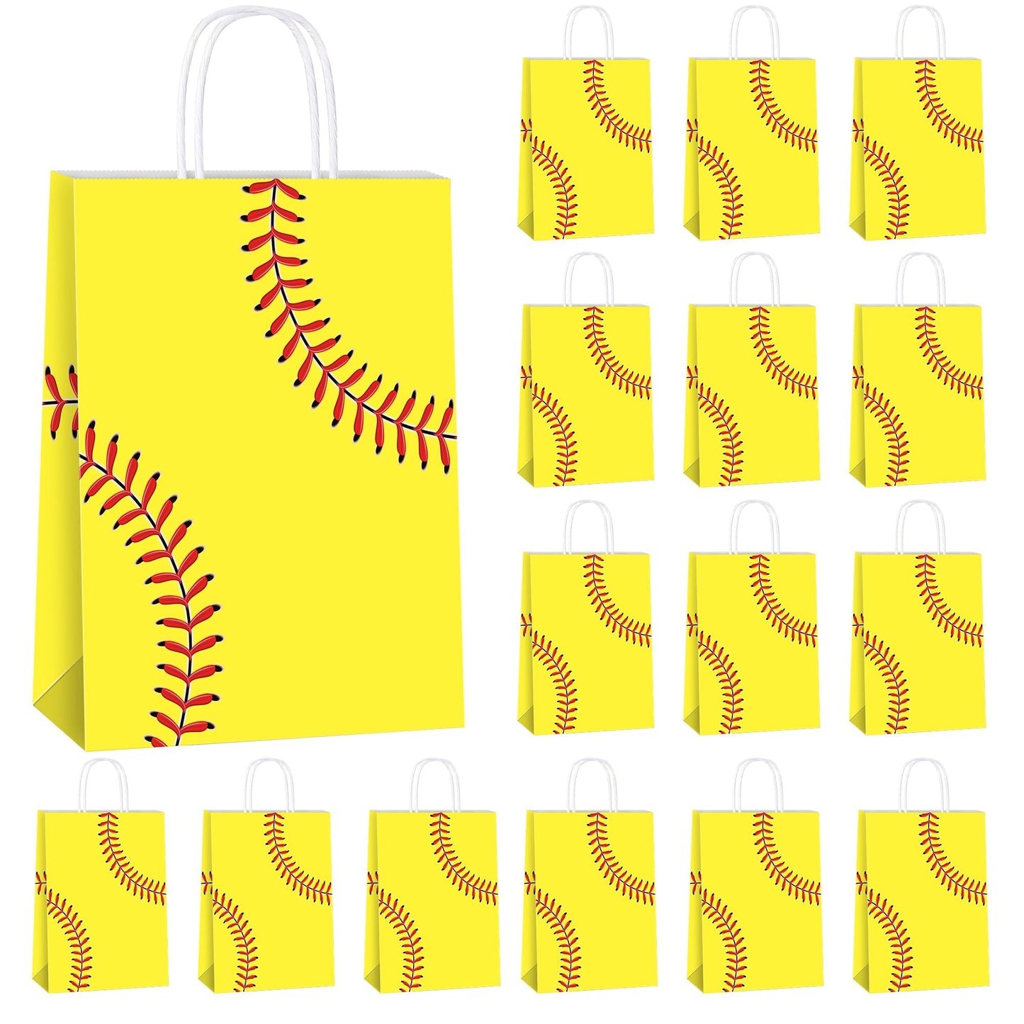 MIMIND 16 Pack Softball Gift Bags with Handles Paper Party Favor Goodie Bags Softball Treat Bags for Birthday Game Day Sport Themed Party Supplies