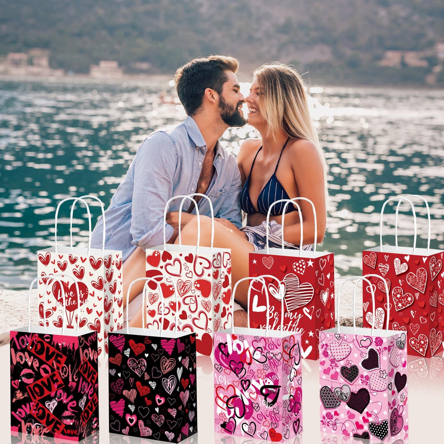 KIPETTO Valentines Gift Bags 12Pcs Valentines Day Paper Bags with Handles Love Heart Shaped Treat Goodies Bag for Valentines Day Party Favors Class Baggies Pouch