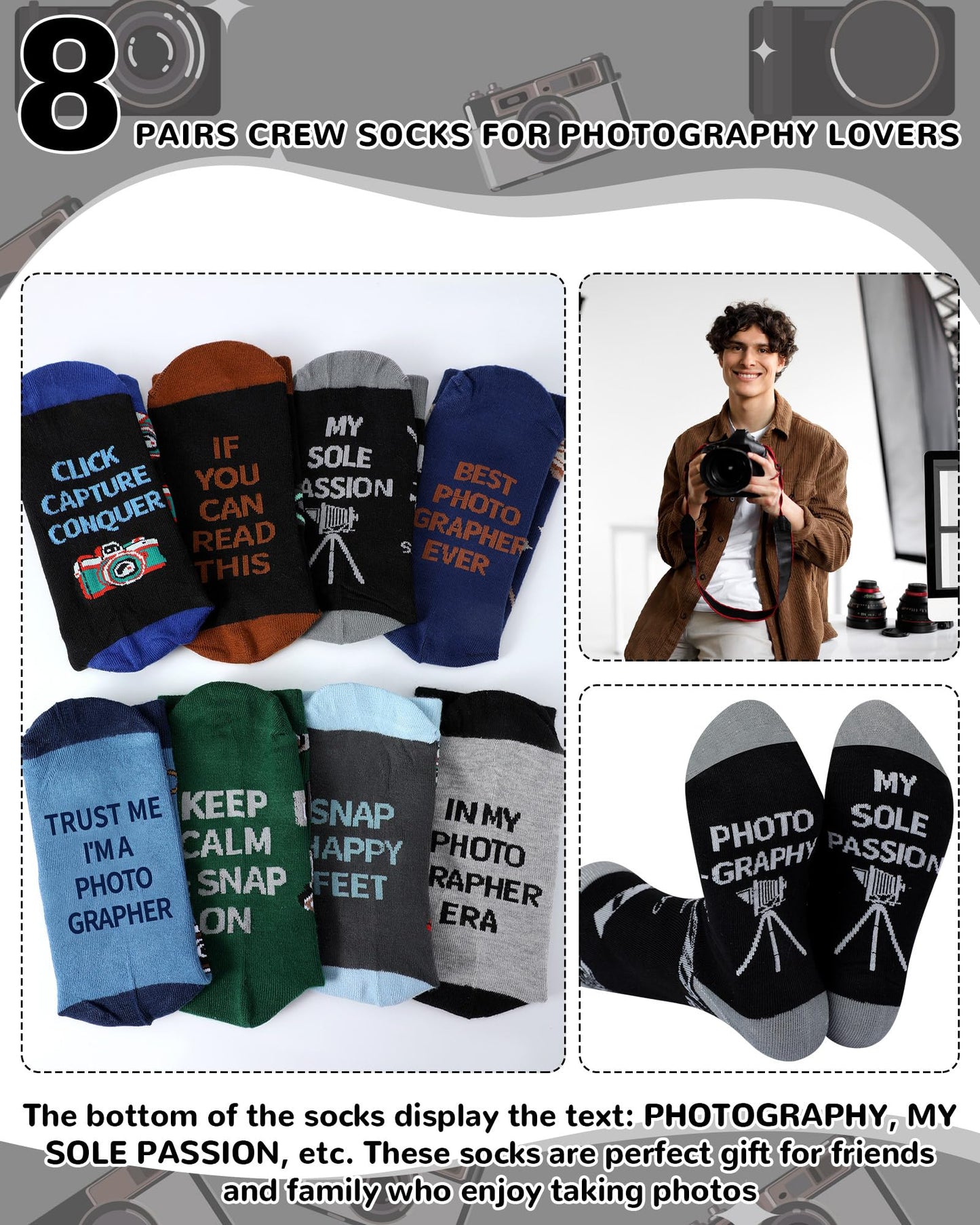 Glitopper 8 Pairs Novelty Photography Gifts Socks for Men Funny Camera Crew Socks Birthday Father's Day Gift for Photograph Lovers