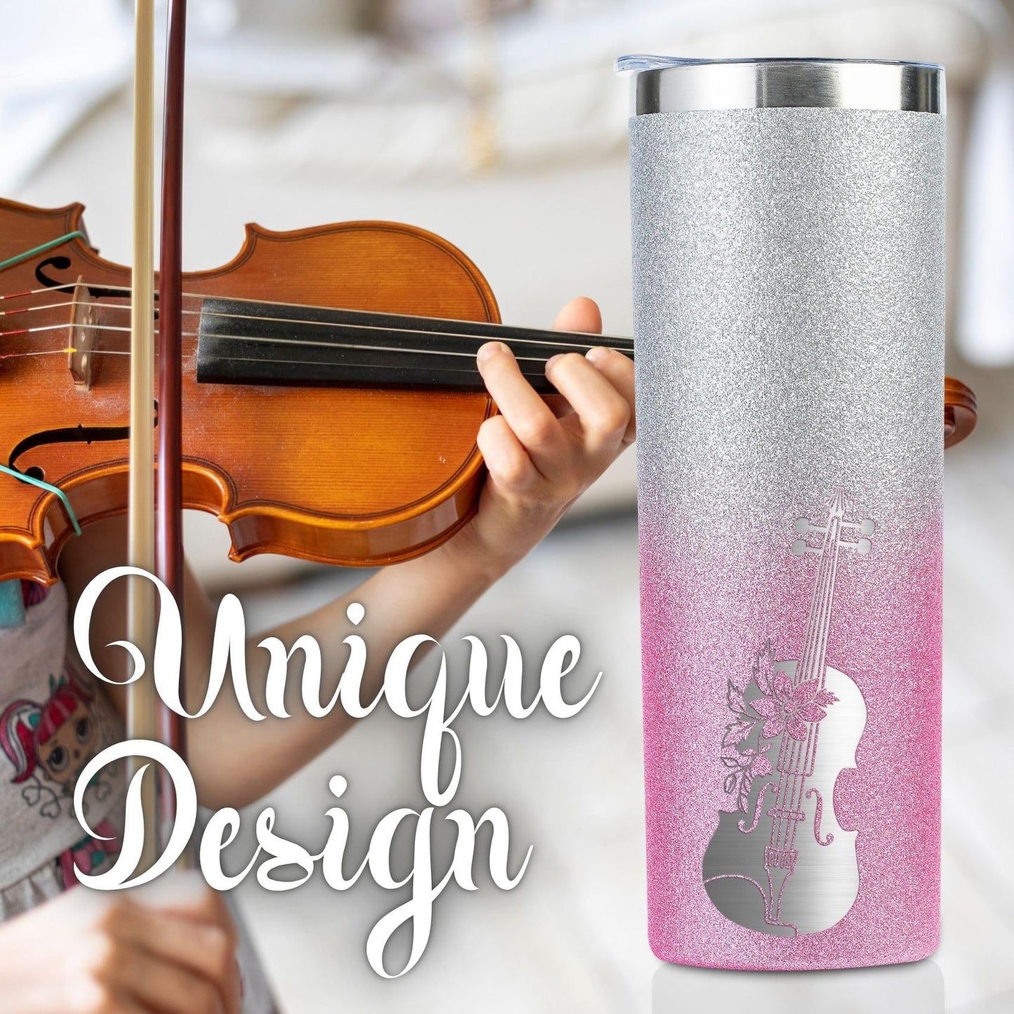 Onebttl Violin Gifts for Violinists & Women, 20oz Stainless Steel Violin Tumbler for All Ages, Double Wall Vacuum Insulated with Lid & Straw