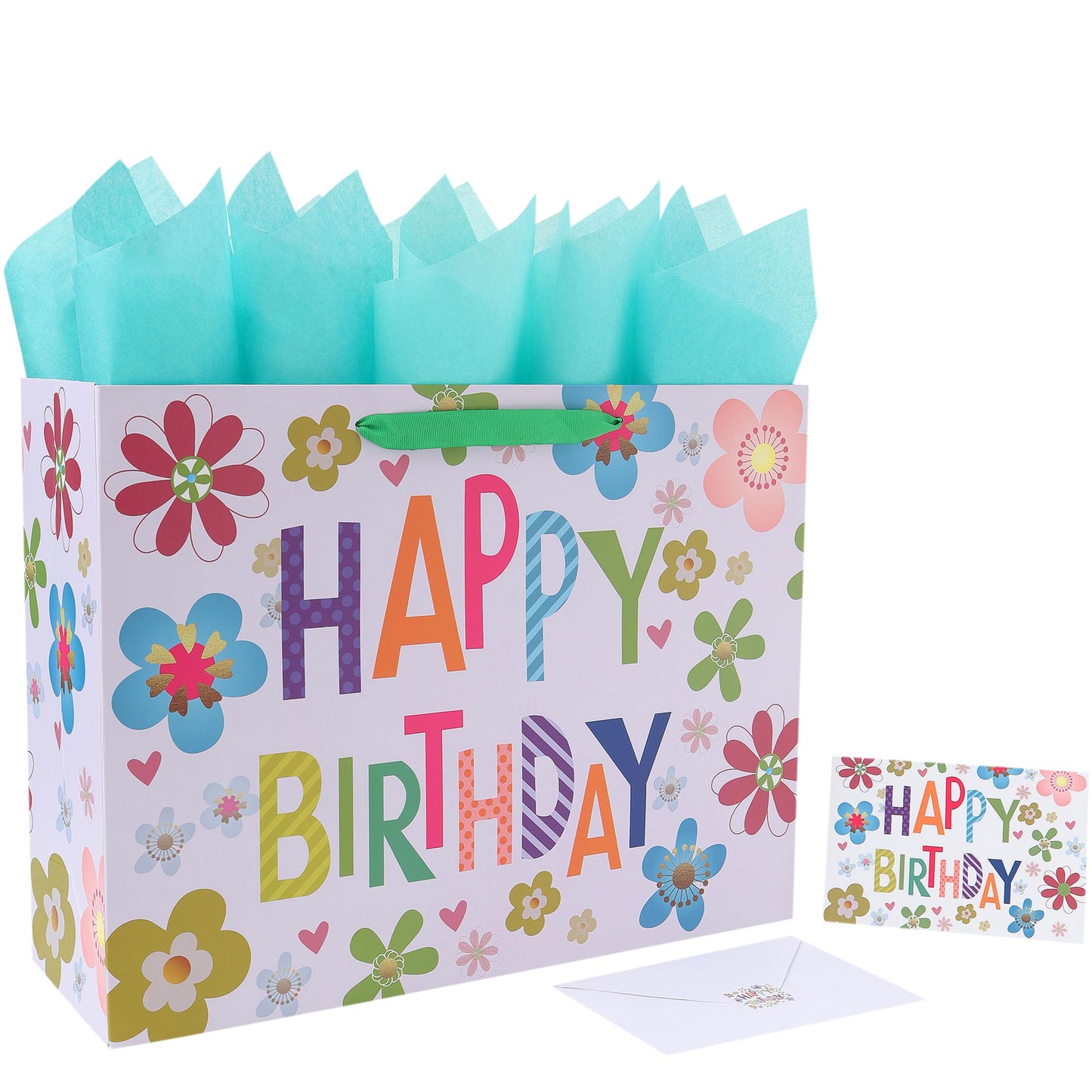 Qirrmiy 16.5” Extra Large Colorful Happy Birthday Gift Bag Set with Handles, Greeting Card, Tissue Papers and Stickers for Kids, Women, Girls, Newborn, New Moms or Parents, 1 Pcs