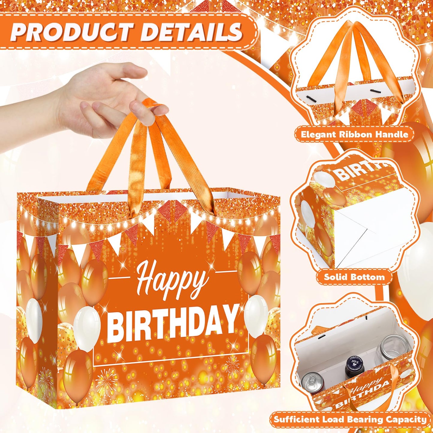 Orange Birthday Gift Bag with Tissue Paper and Card Orange Birthday Wrapping Paper Bag for Baby Shower Graduation Mother's Day Fall Thanksgiving Halloween Party Favors Bag Bday Decorations Supplies