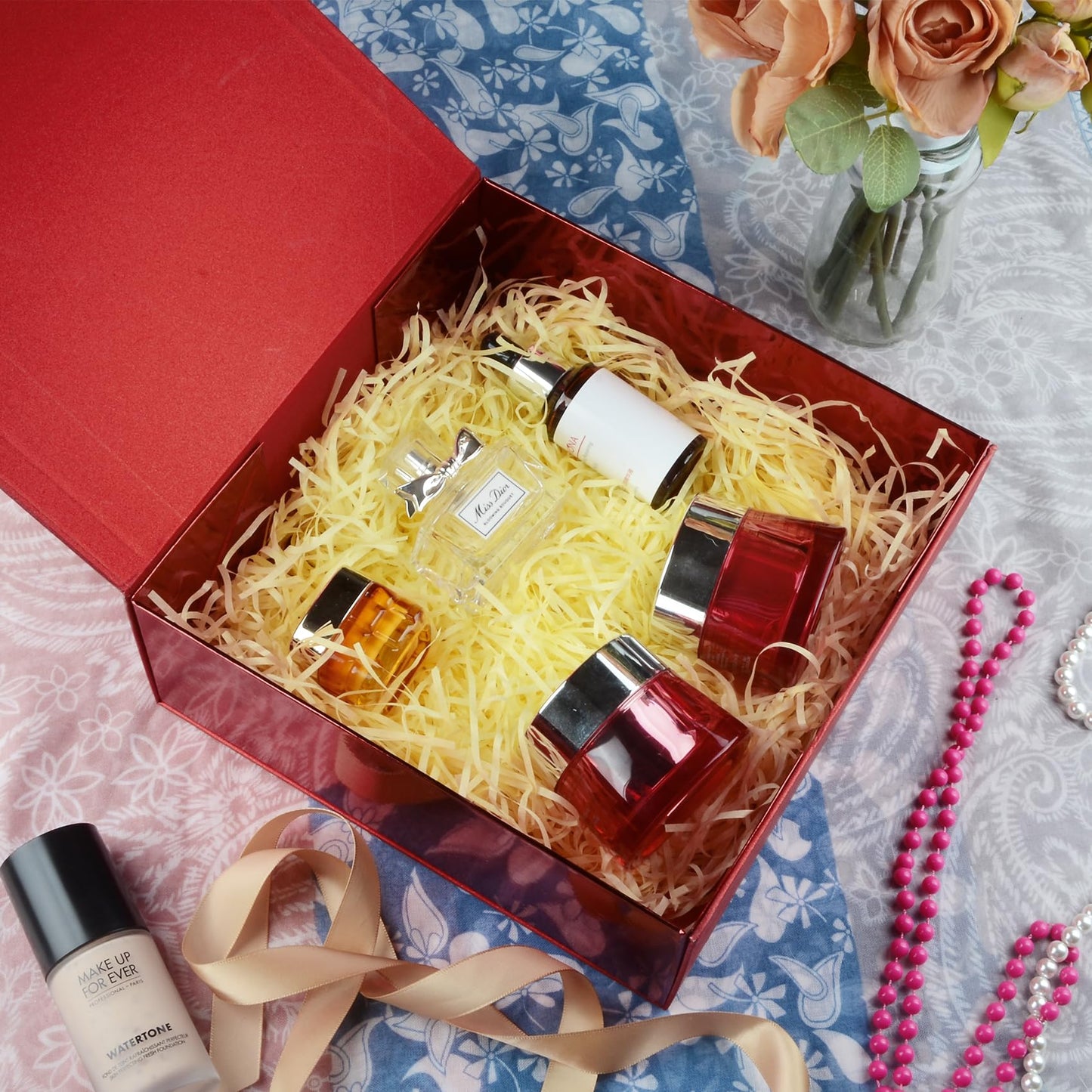 LumyHavver Gift Box 9.65x9.65x3.6 Inches, Red with Magnetic Lid, Collapsible with Ribbon, Raffia Grass, Card, for Birthdays, Christmas, or Parties, Gift Packaging