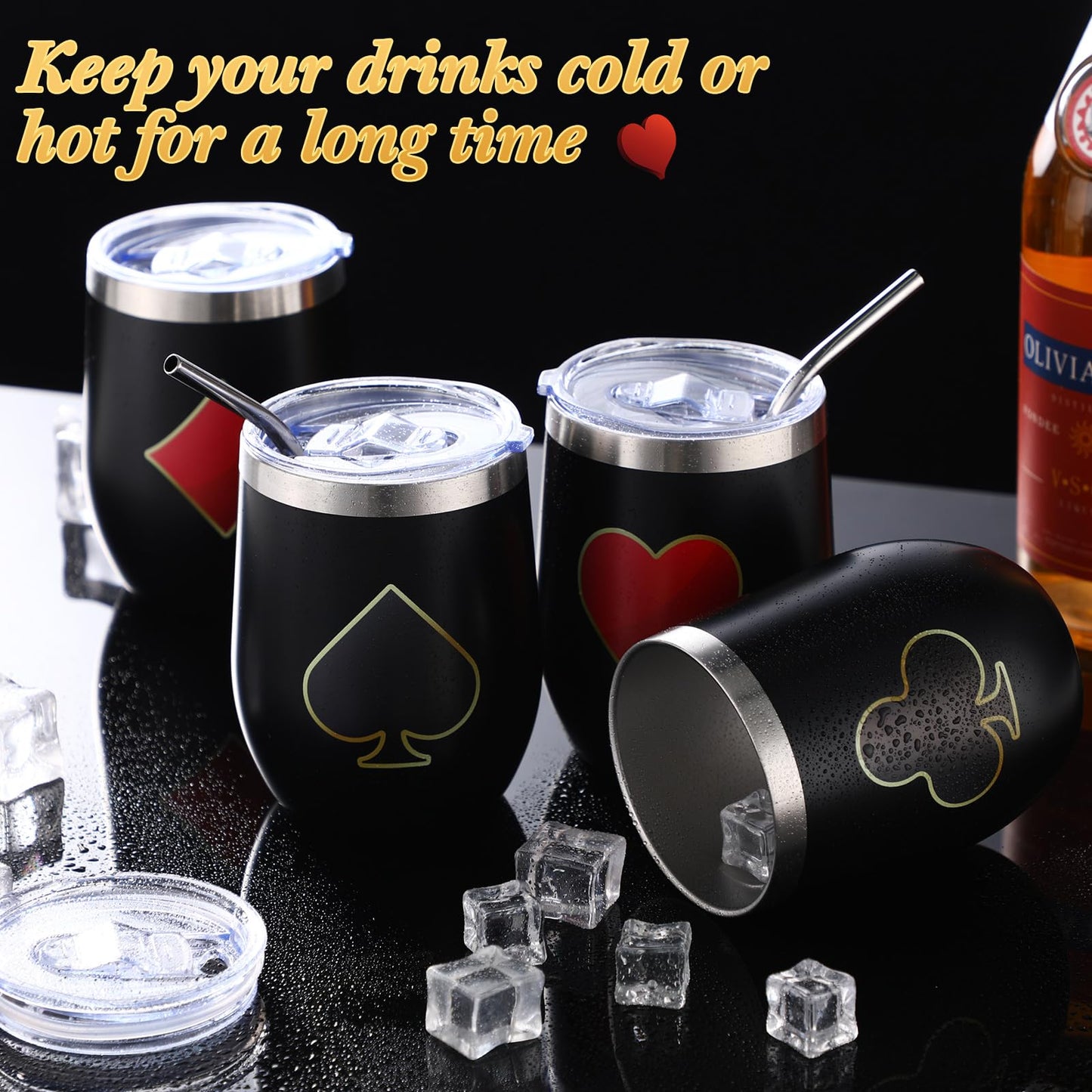 4 Pcs Casino Party Cups Pokers Glasses Stainless Steel Wine Tumblers with Lid and Straw 12 oz Casino Theme Party Decorations Poker Gifts Favors Set for Grad Birthday Game Night(Poker)