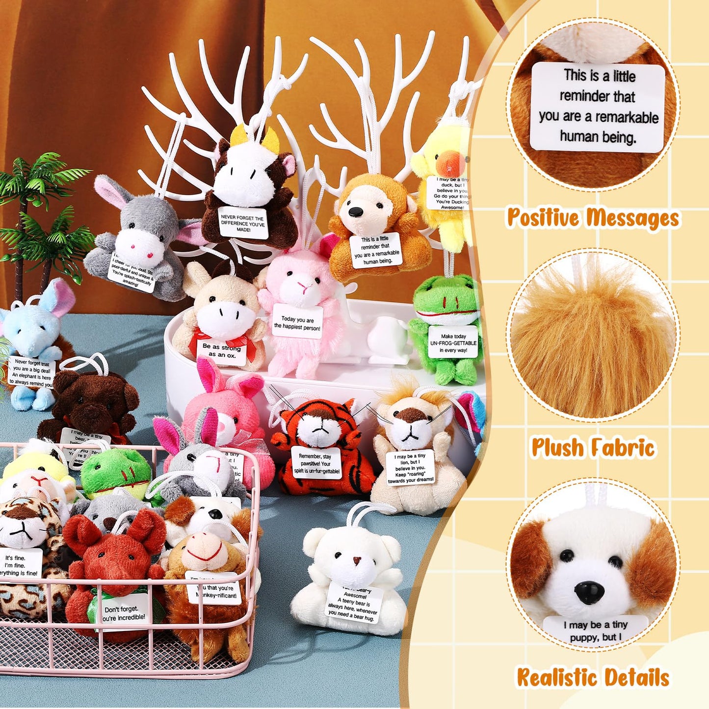 24 Pcs Easter Motivational Mini Plush Animal Keychains, Inspirational Animal Keychain with Quote Sign, Encouragement Positive Gifts for Easter Parties Goody Bags Colleague Staff