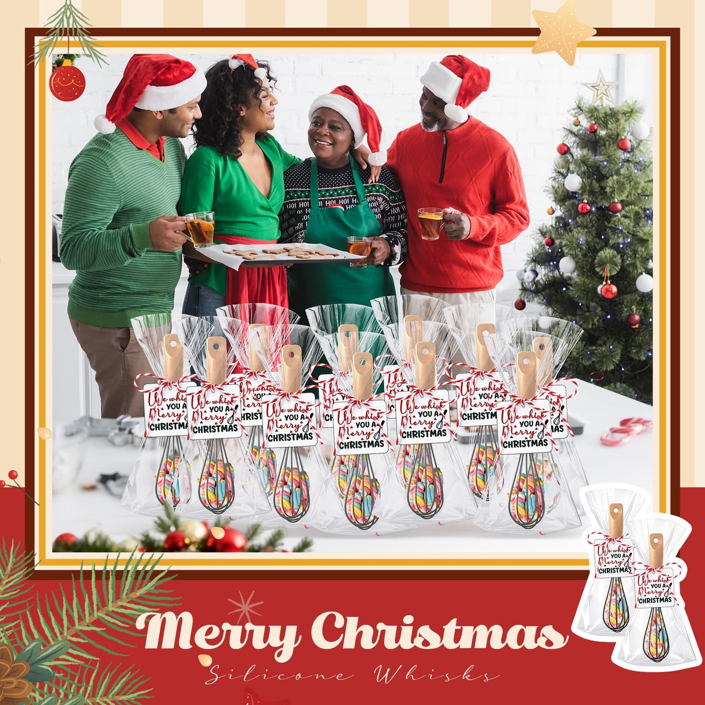 Baderke 20 Sets Baking Gifts Set Includes 8 Inch Silicone Whisk with Wood Handle Wired Stainless Steel Whisk Set Greeting Cards Plastic Bags for Party Birthday Christmas Stuffers Gift(Black)