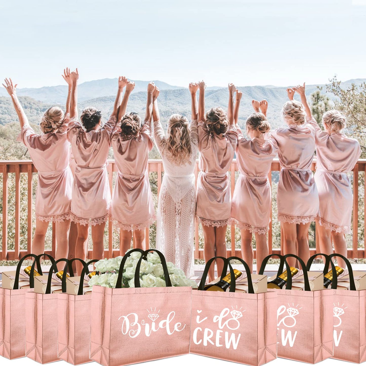 8 Pieces Rose Gold I Do Crew and Bride Non-Woven Gift Bags for Bridesmaid Gifts,Bachelorette Party Favors,Bridal Party Gifts