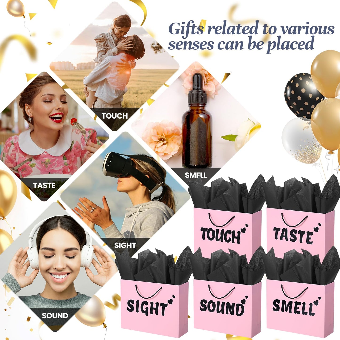 5 Senses Gift Bags for Him with Labels, 12.6"x 9.8"x 4.2" Gift Bag Tissue Paper Happy Birthday Decorations Kit with Banner, Balloons, Rose Petals, Card for Men, Women, Wedding, Valentine's Day