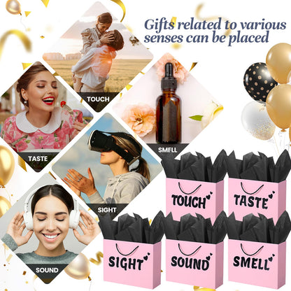 5 Senses Gift Bags for Him with Labels, 12.6"x 9.8"x 4.2" Gift Bag Tissue Paper Happy Birthday Decorations Kit with Banner, Balloons, Rose Petals, Card for Men, Women, Wedding, Valentine's Day