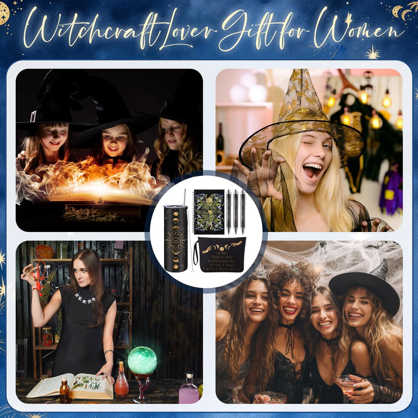 FoldTier 6 Pcs Gothic Witch Gift 1 Moon Phase Tumbler with Lids and Straw 1 Witchy Makeup Bag & 1 Journal Notebook 3 Inspirational Ballpoint Pens Xmas Witchcraft Lover Gift for Women Friends