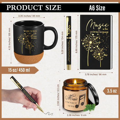 SiliFine 4 Pcs Music Lover Gifts Women Men 15 oz Musician Coffee Mug with Lid Leather Journal Notebook Candle and Pen Set Music Teacher Thank You Gift for Piano Students Birthday Retirement(Black)