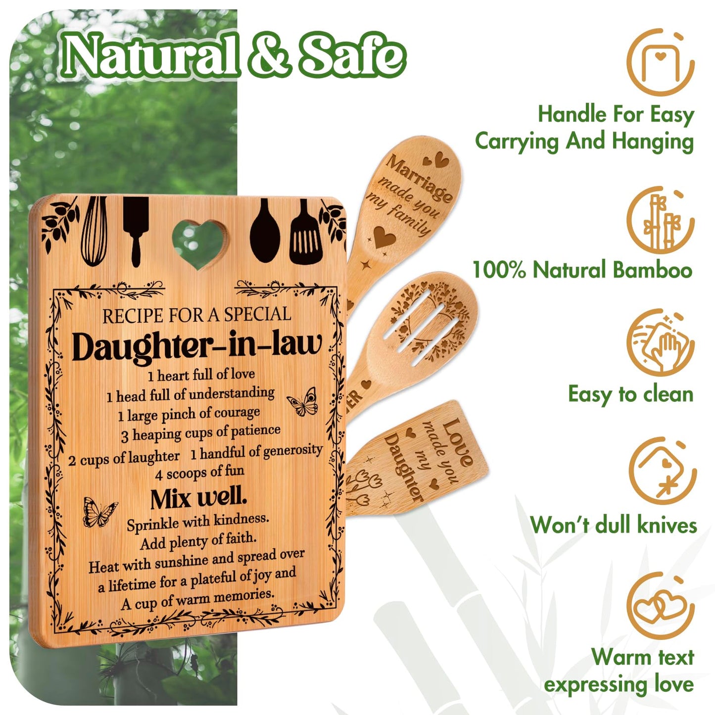 Gifts for Daughter in Law - "Recipe for a Special Daughter-in-Law" Daughter in Law Birthday Gifts Cutting Board Set, Bamboo-Made Engraved Utensil Set Mothers Day Gifts for Daughter in Law