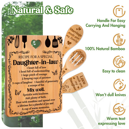 Gifts for Daughter in Law - "Recipe for a Special Daughter-in-Law" Daughter in Law Birthday Gifts Cutting Board Set, Bamboo-Made Engraved Utensil Set Mothers Day Gifts for Daughter in Law