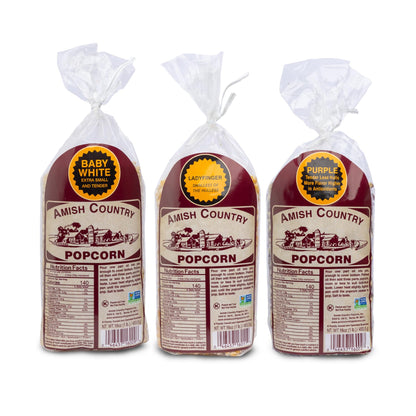 Amish Country Popcorn | 3-1 lb Bags | 1 lb Baby White, 1 lb Ladyfinger, and 1 lb Purple Popcorn Kernels Variety Pack | Old Fashioned, Non-GMO and Gluten Free (3-1 lb Bags)