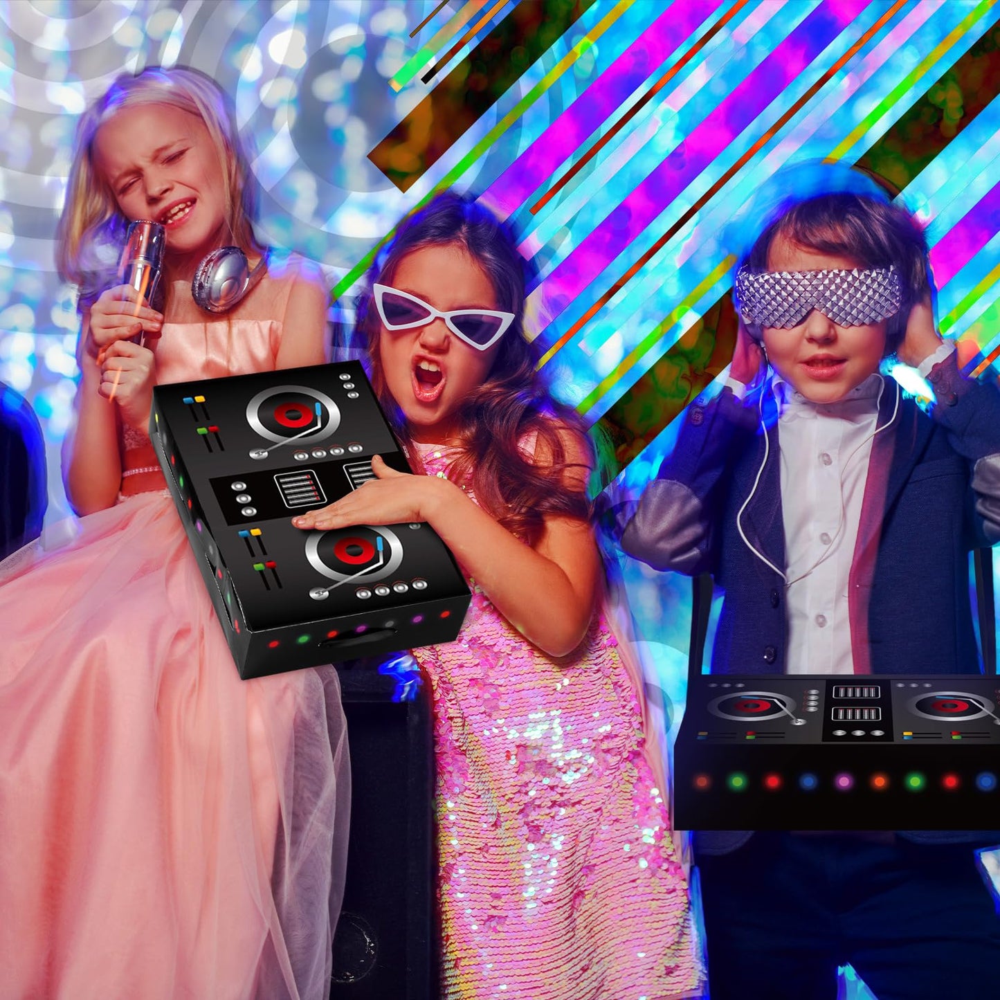 MotiMind 2 Pcs Dj Costume 80s 90s Hip Hop Costume Paper Dj Mixer Boxes with Strap Props Music Rapper Party Decorations Cosplay Party Novelty Retro Theme Music Neon Birthday Gifts