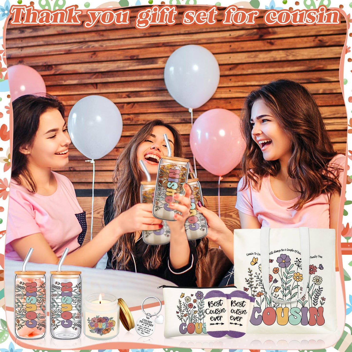 Funnymoom 6 Pcs Cousin Gifts for Women Cousin Birthday Gift Set with 17 oz Glass Cup Canvas Tote Makeup Bag Thanksgiving Valentines Mothers Day Appreciation Gift from Friends Parents