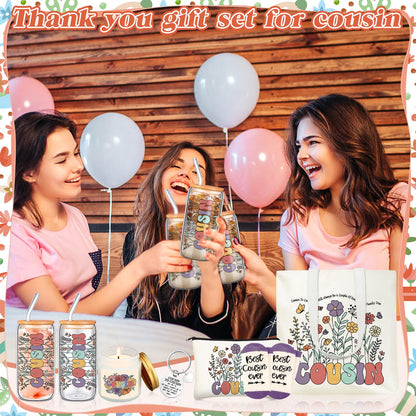 Funnymoom 6 Pcs Cousin Gifts for Women Cousin Birthday Gift Set with 17 oz Glass Cup Canvas Tote Makeup Bag Thanksgiving Valentines Mothers Day Appreciation Gift from Friends Parents