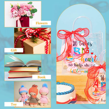 Henoyso 24 Pcs Teacher Appreciation Gift Bags Bulk Clear PVC Party Favor Bags with Handles and Ribbon, 7.8 x 7.8 x 3.1 Inches Plastic Candy Goodie Treat Totes for End of Year Wrapping Supplies