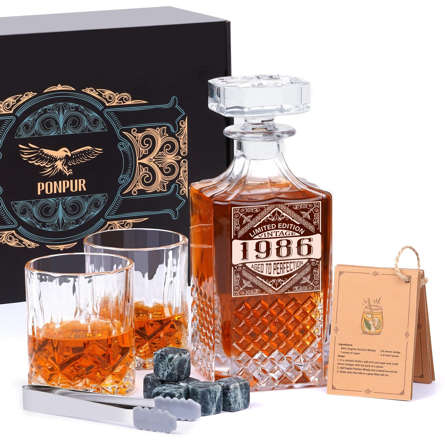 PONPUR 40th Birthday Gifts For Men Dad, 1986 Laser Whiskey Decanter Set with Gift Box, Anniversary Birthday Gift Ideas for Him Husband, 40 Years Bday Decorations, Whiskey Glasses & Whisky Stones Inc