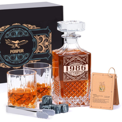 PONPUR 40th Birthday Gifts For Men Dad, 1986 Laser Whiskey Decanter Set with Gift Box, Anniversary Birthday Gift Ideas for Him Husband, 40 Years Bday Decorations, Whiskey Glasses & Whisky Stones Inc