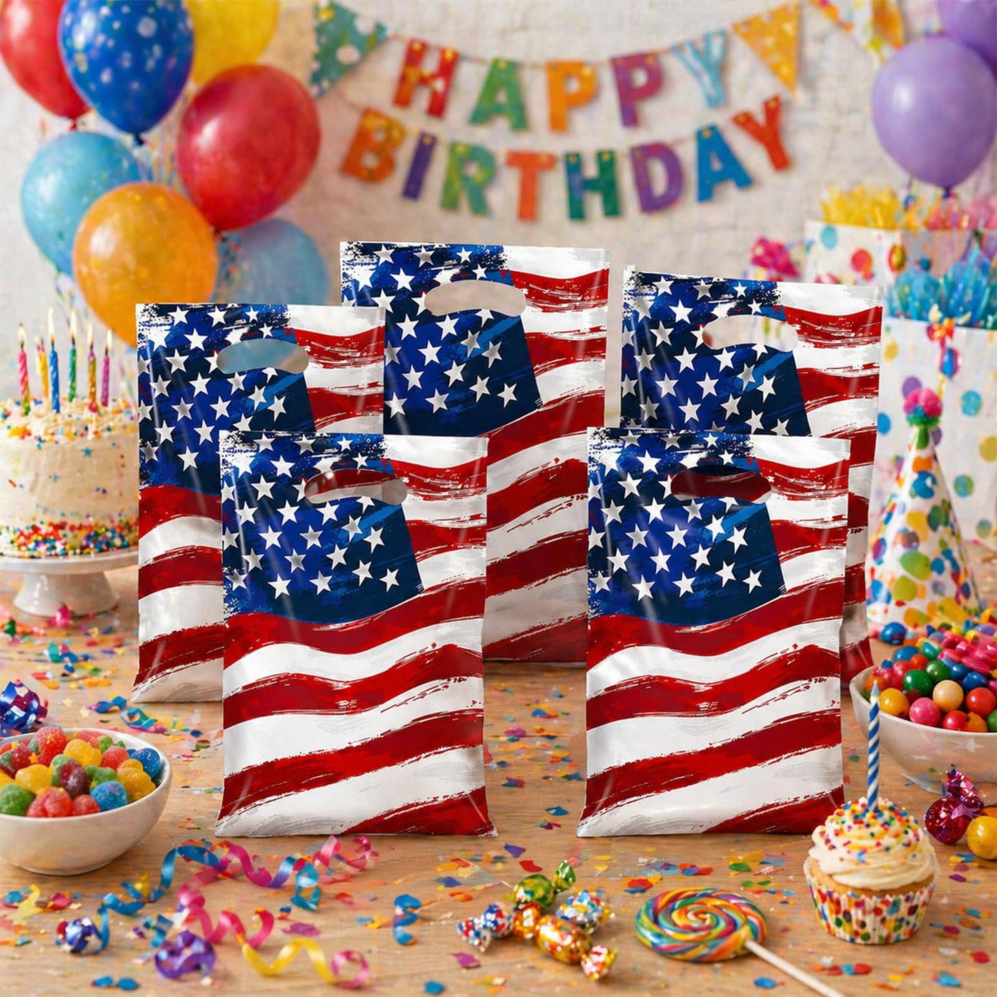 50 Pack American Flag Party Favor Bags, Patriotic Plastic Goodie Treat Gift Bags for 4th of July, Independence Day, Memorial Day, Veterans Day, USA Flag Candy Loot Bags, Patriotic Party Supplies