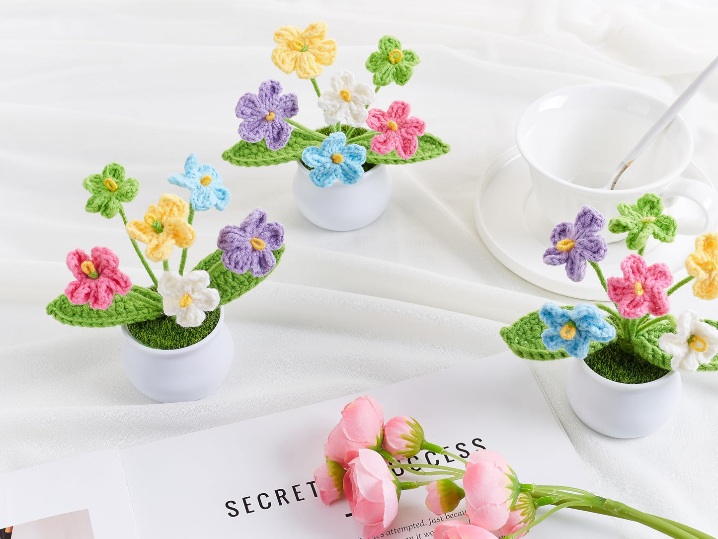 LAIDANLA Crochet Flowers Forget Me Not Potted Plant, Mini Handmade Knitted Flower for Desk, Crochet Flower in Pot, Unique Gifts for Women Teacher Mom Friend, Birthday Graduation