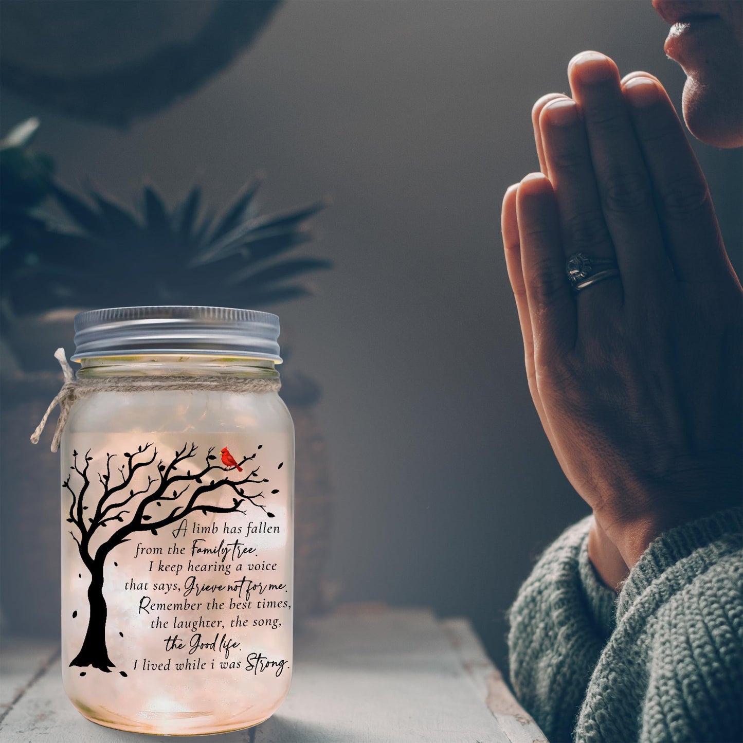 Memorial Gifts Mason Jar Light, Red Cardinal - Memory Gifts for Loss Loved Ones, Bereavement Gift Idea, Sympathy Loss of Mother, Dad, Son, Husband/Family Member A Limb Has Fallen From Our Family Tree