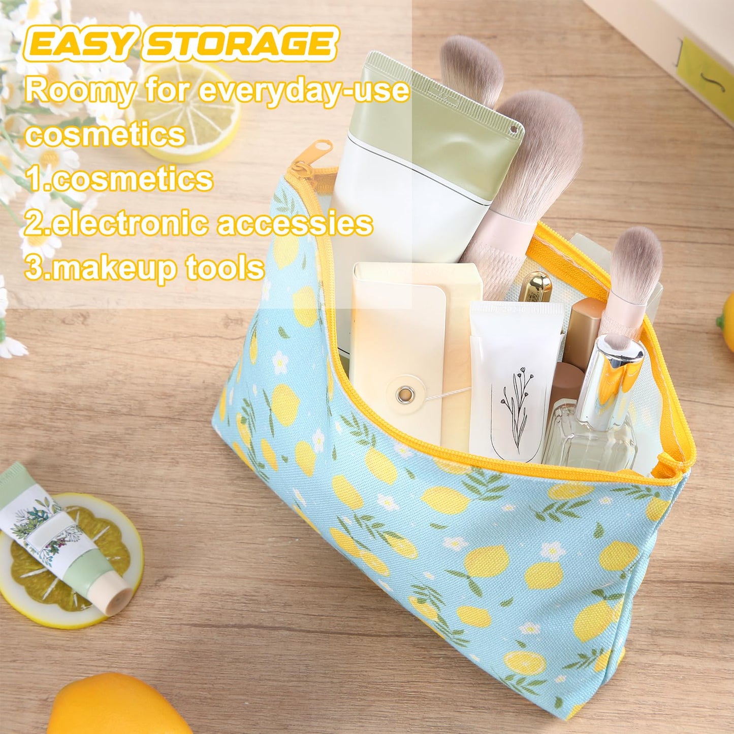 Tallew 9 Pcs Lemon Makeup Bags for Women Lemon Themed Gifts Cosmetic Bag Purse Summer Travel Organizer Zipper Pouch Survival Kit for Women Sister Friend Fruit Lover Birthday Gifts