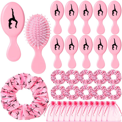 12 Sets Gymnastics Hair Ties and Hairbrushes Gymnastics Hair Scrunchie Mini Detangler Brush Sports Elastics Ponytail Holders Gymnastic Party Favors Gift for Gymnasts Teams Women Girls