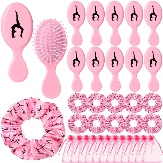 12 Sets Gymnastics Hair Ties and Hairbrushes Gymnastics Hair Scrunchie Mini Detangler Brush Sports Elastics Ponytail Holders Gymnastic Party Favors Gift for Gymnasts Teams Women Girls