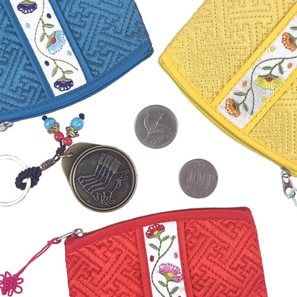 Seoulful Vintage Korean Embroidered Card Pouch - Wildflower Design Coin Purse with Butterfly Charm - Traditional Korean New Year's Gifts (Mint)