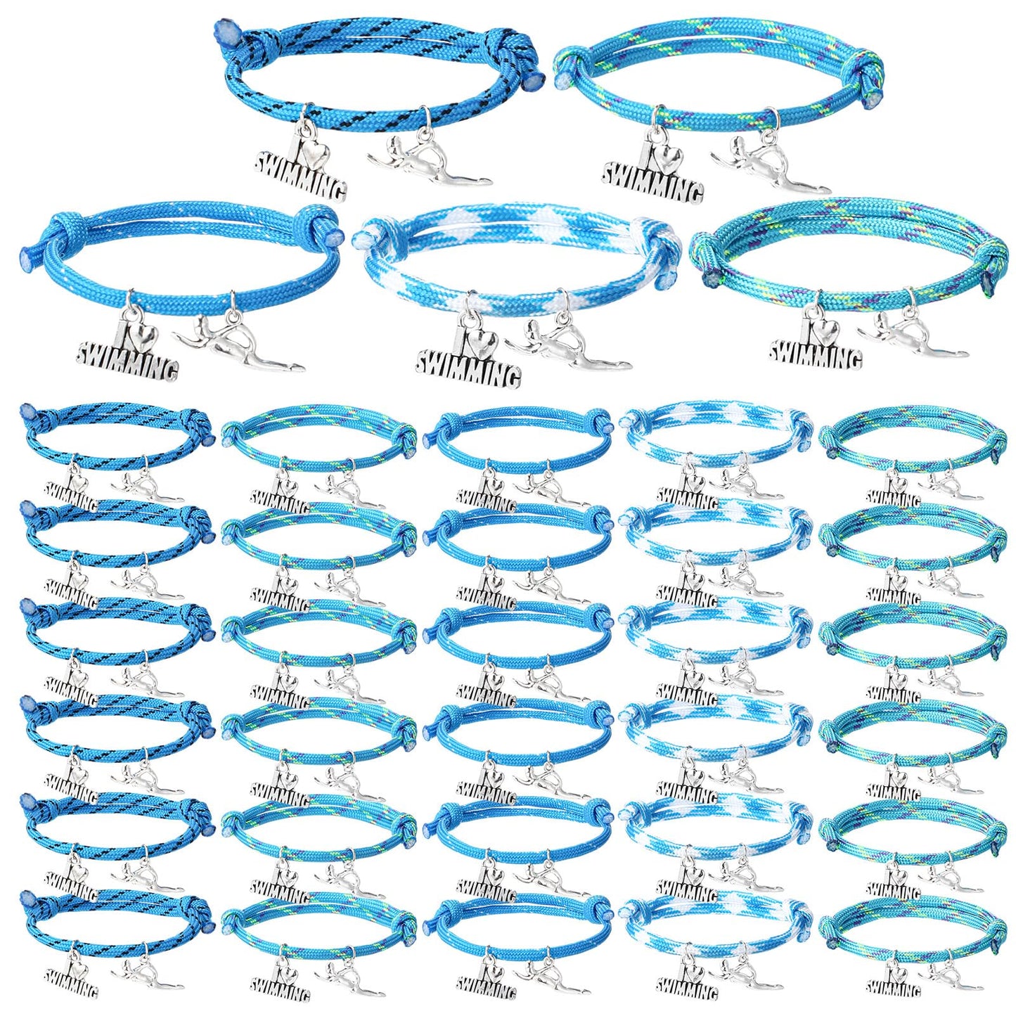 Huquary 30 Pcs Swimming Bracelets Gift Bulk Blue Swim Adjustable Braided Rope Cord with I love Swimming Charm Appreciation Supplies for Swim Team Coach Teen Swimmer Birthday Action Sport Party Favor