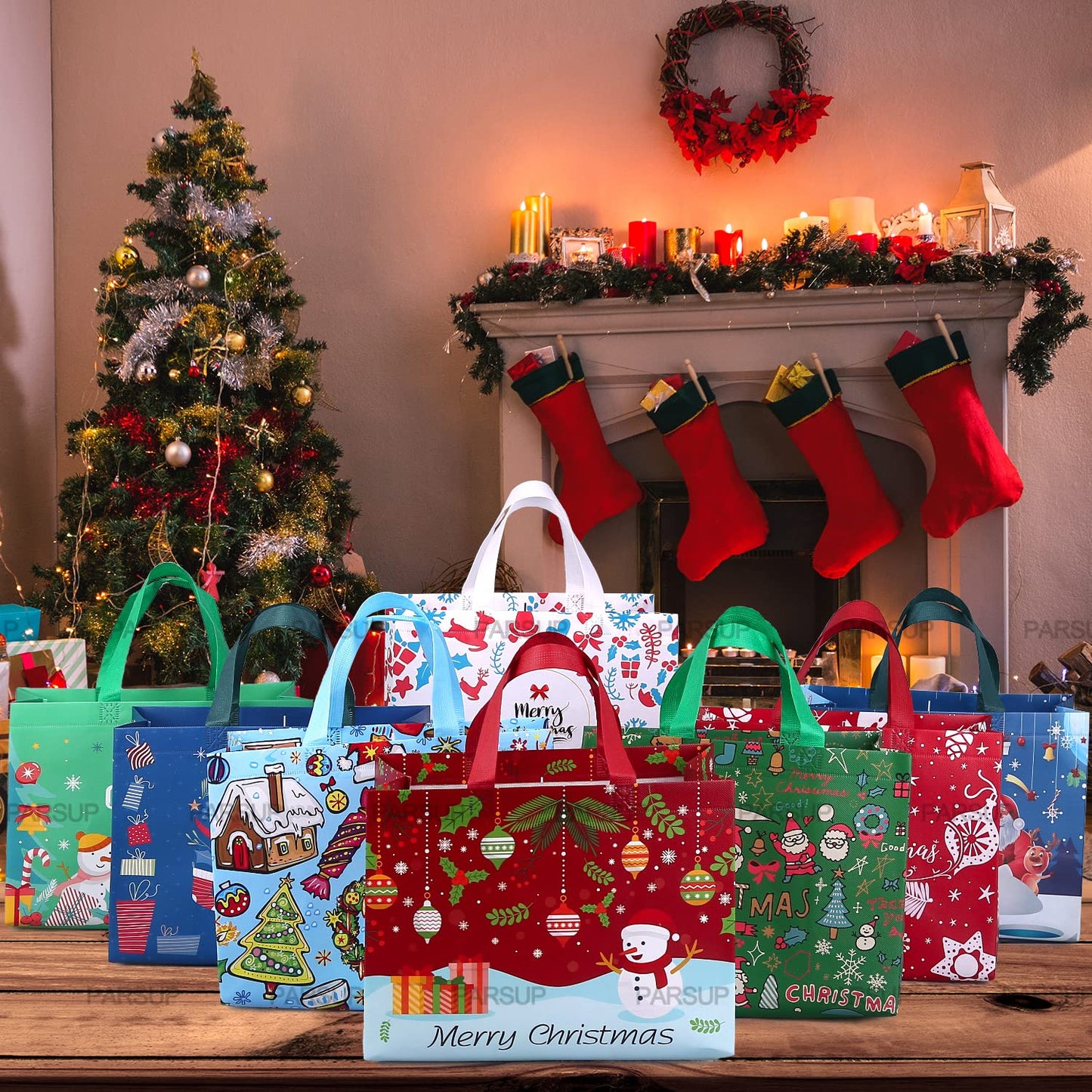 PARSUP 8PCS Christmas Gift Bags, Non-Woven Christmas Bags with Handles, Treat Tote for Gifts Wrapping Shopping, Xmas Party Supplies