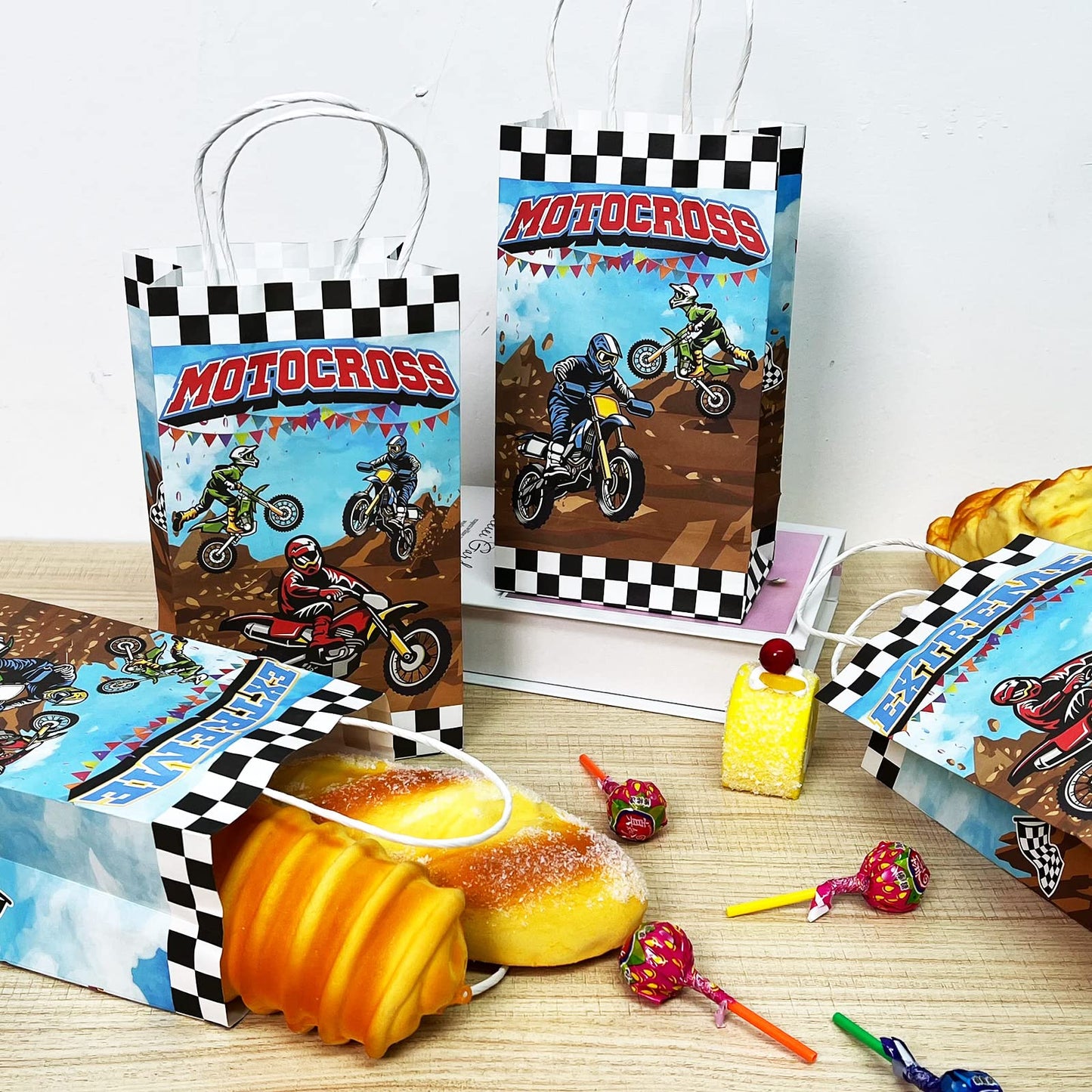 gisgfim 16pcs Dirt Bike Party Gift Treat Bag Dirt Bike Theme Party Decorations Candy Goodie Favor Bags with Handle Dirt Bike Birthday Party Baby Shower Supplies for Boys