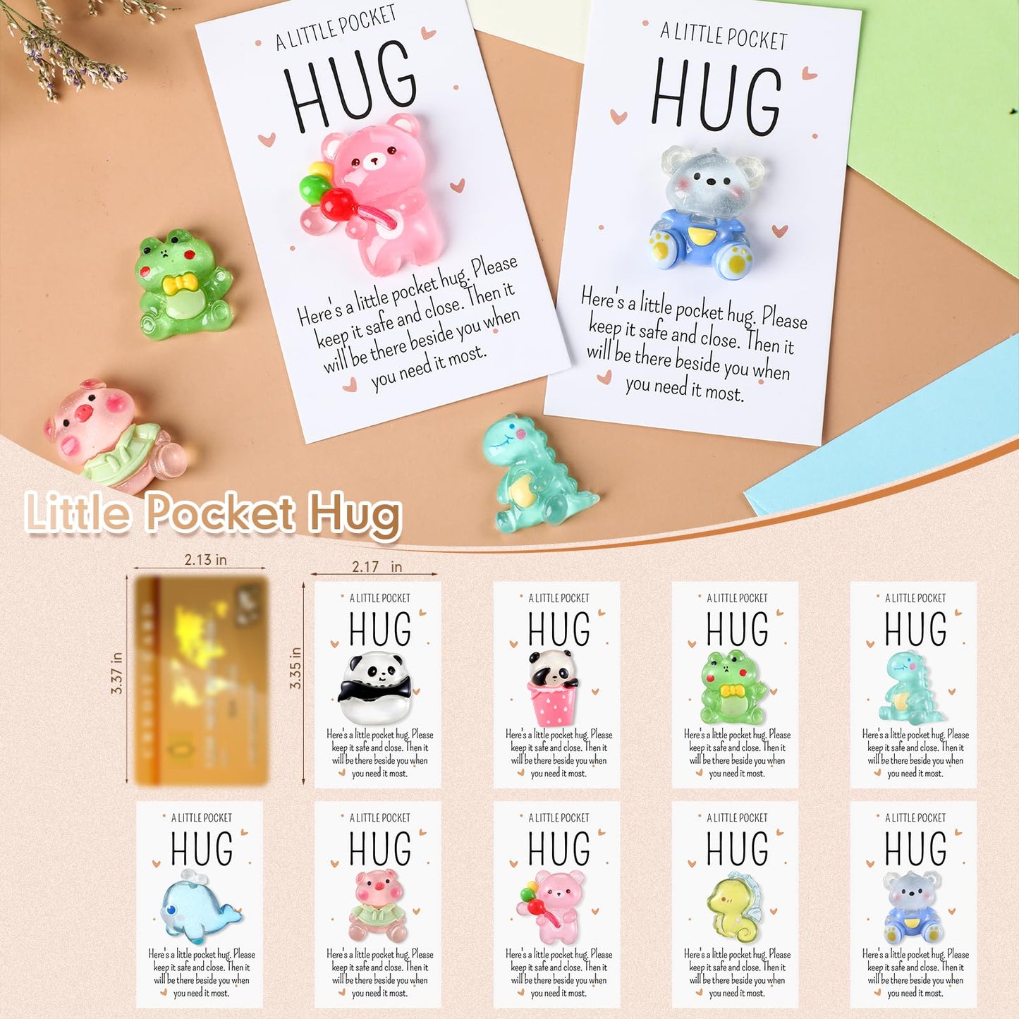 Wonderjune 9 Sets Pocket Hug Bulk Little Resin Animal Emotional Gifts with Positive Pocket Hug Card Appreciation Gifts for Classroom Graduation Teacher Nurse Friends Student(Cute Style)