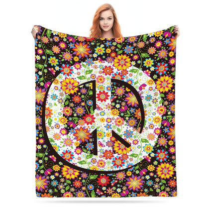 Hippie Flower Peace Blanket, Soft Blankets Flannel Bed Throw Cozy Lightweight Plush Gifts for Women Men Boys Girls Sofa Couch Bedroom Living Rooms Warm All Season, Home Decor, Small 50"x40"