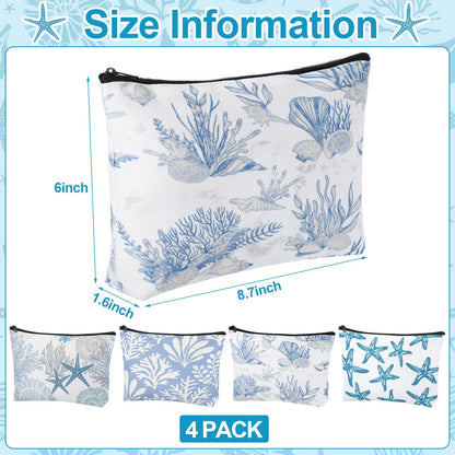 4 Pack Coastal Cosmetic Bags Beach Themed Gifts Starfish Seashell Conch Coral Makeup Pouches Zippered Travel Toiletry Bags for Women Beach Summer Trip Organizer Set(Fresh)