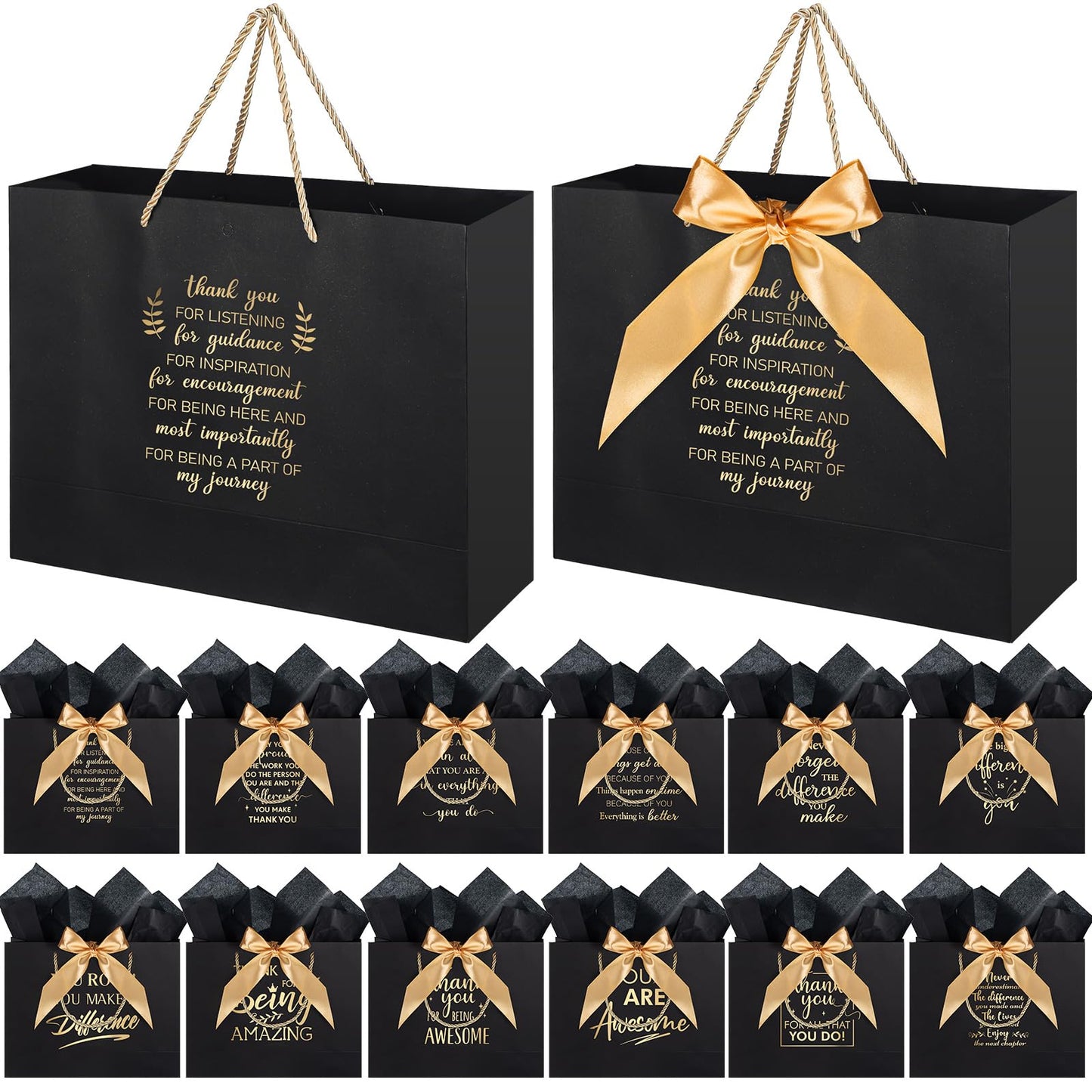 Kolldenn 12 Pcs Large Thank You Gift Bags with Handles Tissue Papers Bows 12.6 x 9.84 x 4.3 Inches Appreciation Bags for Teacher Volunteer Employee Coworker(Black)
