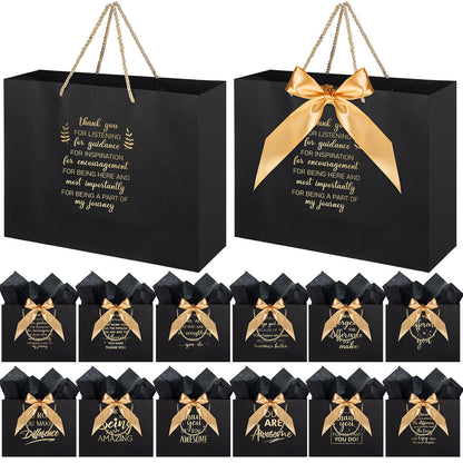 Kolldenn 12 Pcs Large Thank You Gift Bags with Handles Tissue Papers Bows 12.6 x 9.84 x 4.3 Inches Appreciation Bags for Teacher Volunteer Employee Coworker(Black)