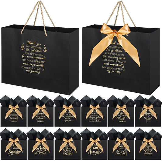 Kolldenn 12 Pcs Large Thank You Gift Bags with Handles Tissue Papers Bows 12.6 x 9.84 x 4.3 Inches Appreciation Bags for Teacher Volunteer Employee Coworker(Black)