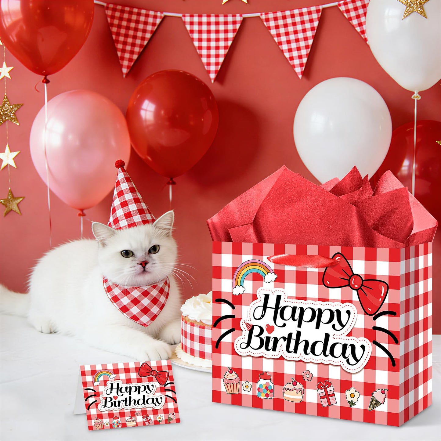 Red Gingham Cat Gift Bag Kawaii Cartoon Birthday Bag with Greeting Card & Tissue Paper - Rainbow Bowknot Cherry Sweet Party Favor Bag for Girls, Kids, Baby Shower, Picnic Party Supplies