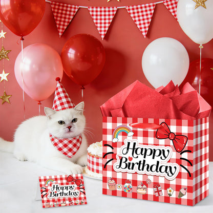 Red Gingham Cat Gift Bag Kawaii Cartoon Birthday Bag with Greeting Card & Tissue Paper - Rainbow Bowknot Cherry Sweet Party Favor Bag for Girls, Kids, Baby Shower, Picnic Party Supplies