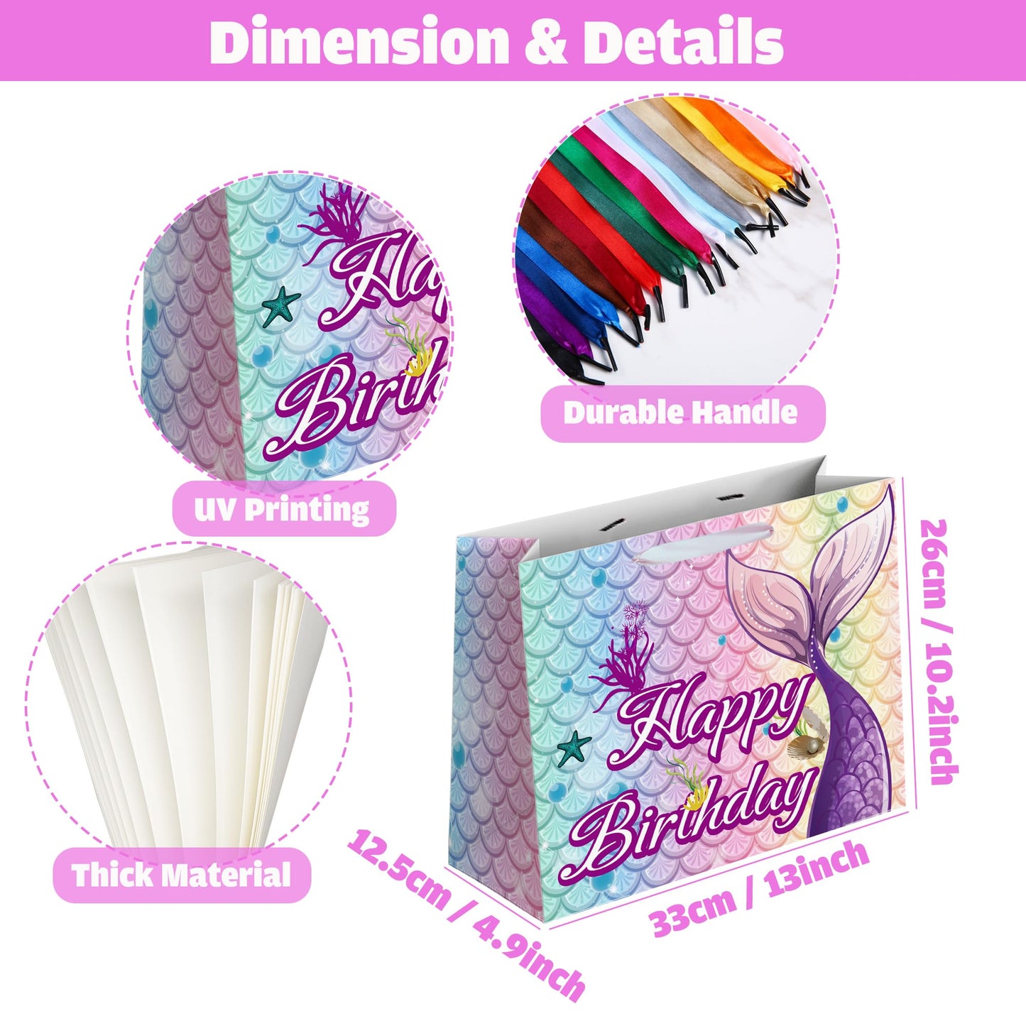 Sumerk 13" Mermaid Birthday Gift Bag with Tissue Papers and Greeting Card, Envelope and Stickers - Pink Purple Gifts Wrapping Bag for Birthday