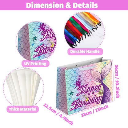 Sumerk 13" Mermaid Birthday Gift Bag with Tissue Papers and Greeting Card, Envelope and Stickers - Pink Purple Gifts Wrapping Bag for Birthday