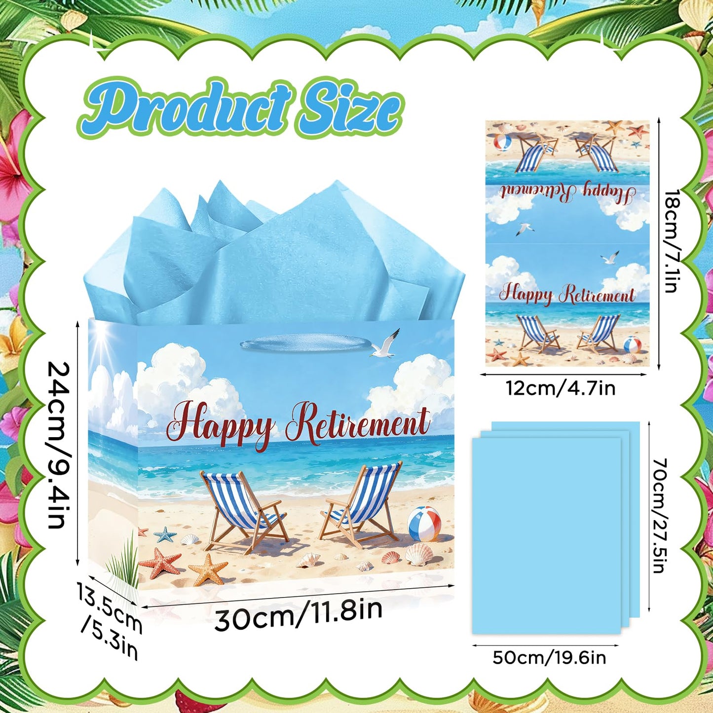Happy Retirement Gift Bag Summer Hawaiian Beach Funny Retired Gift Bags with Card and Tissue Paper Seaside Vacation Theme Retirement Decor for Women Men Coworker Farewell Going Away Party Supplies