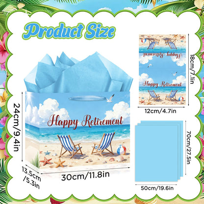 Happy Retirement Gift Bag Summer Hawaiian Beach Funny Retired Gift Bags with Card and Tissue Paper Seaside Vacation Theme Retirement Decor for Women Men Coworker Farewell Going Away Party Supplies