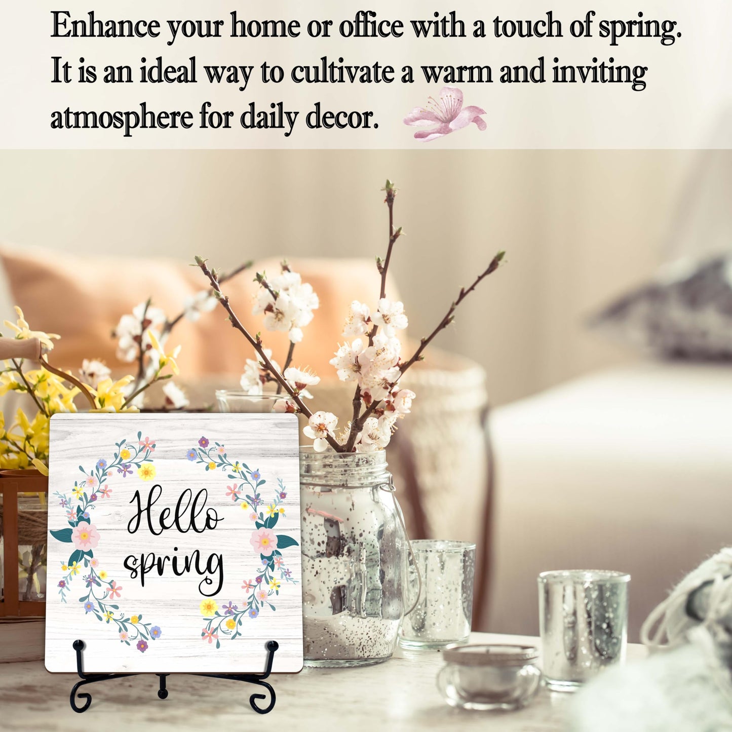 Spring Decor, Hello Spring Wooden Sign, Floral Wreath Desk Wood Decor with Iron Stand, Easter Gifts for Women Wood Sign Decorations for Home Office Bedroom - B05